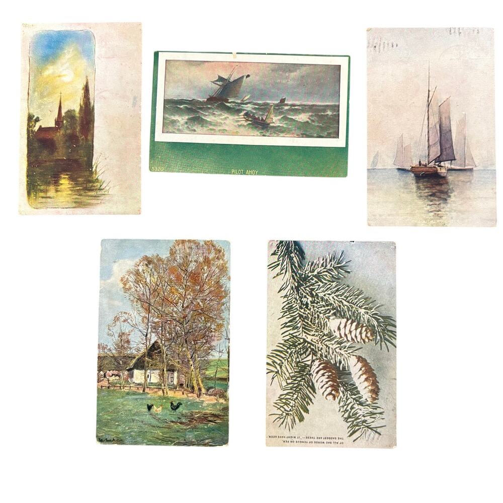 Antique Postcards Lot of 5 Early 1900s Topographical Boats Sea Nature Vintage